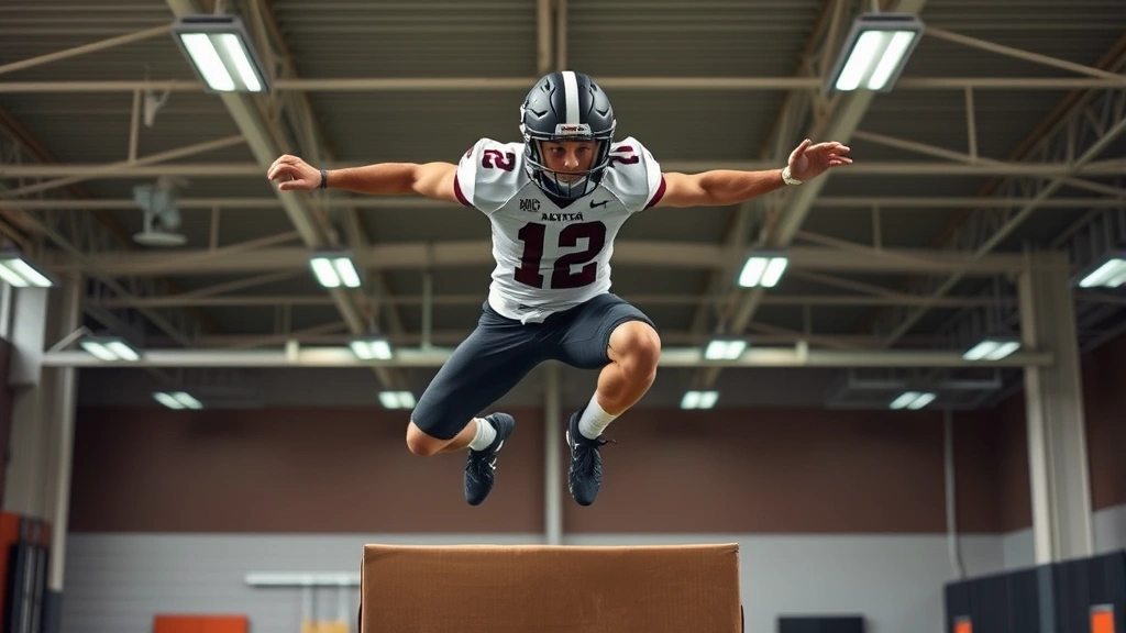 High school football player performing explosive box jump in modern training facility, athletic wear, focused expression, dynamic motion captured mid-leap with proper form