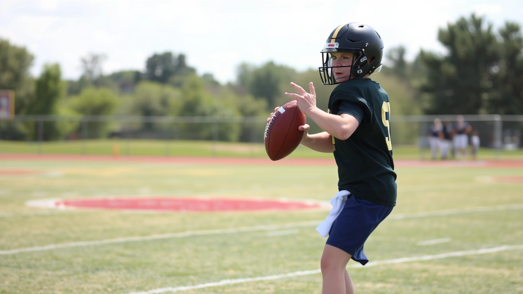 Young quarterback in throwing position during controlled passing drill, demonstrating proper footwork and body mechanics with football, focused concentration on target