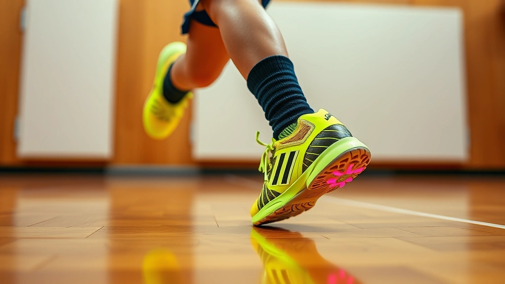 Close-up of child's feet wearing bright neon indoor football shoes on polished wooden gymnasium court, mid-action during explosive lateral movement, professional sports photography lighting, sharp focus on shoe sole and court contact