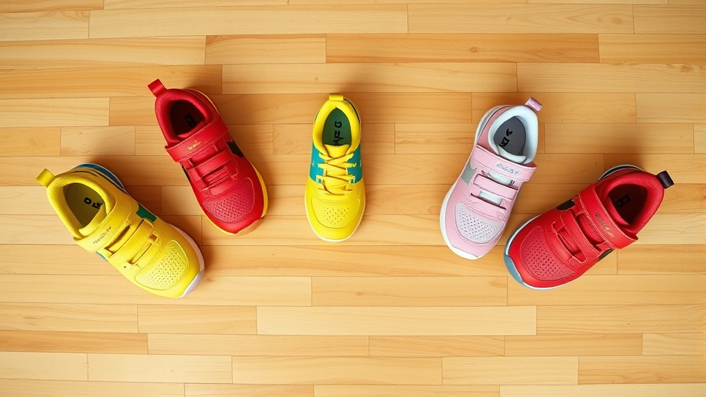 Overhead view of five different colorful children's indoor football shoes arranged on polished wooden court surface, showing sole patterns and designs clearly, natural gymnasium lighting, product photography style with clean background