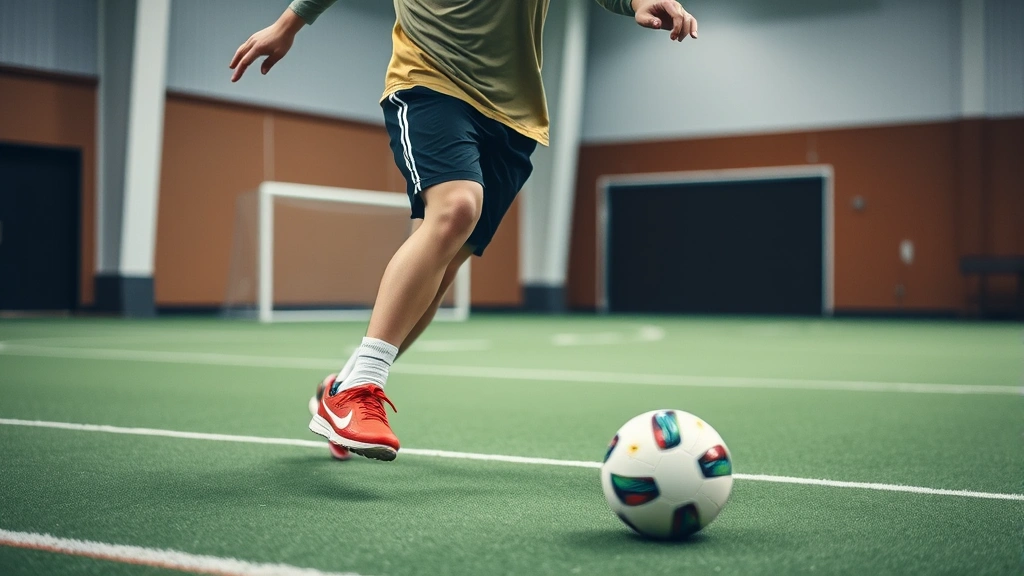 Young athlete in training gear performing quick directional cut move on indoor court wearing modern indoor football shoes, action shot capturing agility and control, motion blur in background, professional sports facility setting