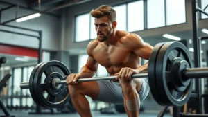 Athletic male football player performing explosive barbell squat in modern strength training facility, intense focus on form, dynamic motion captured