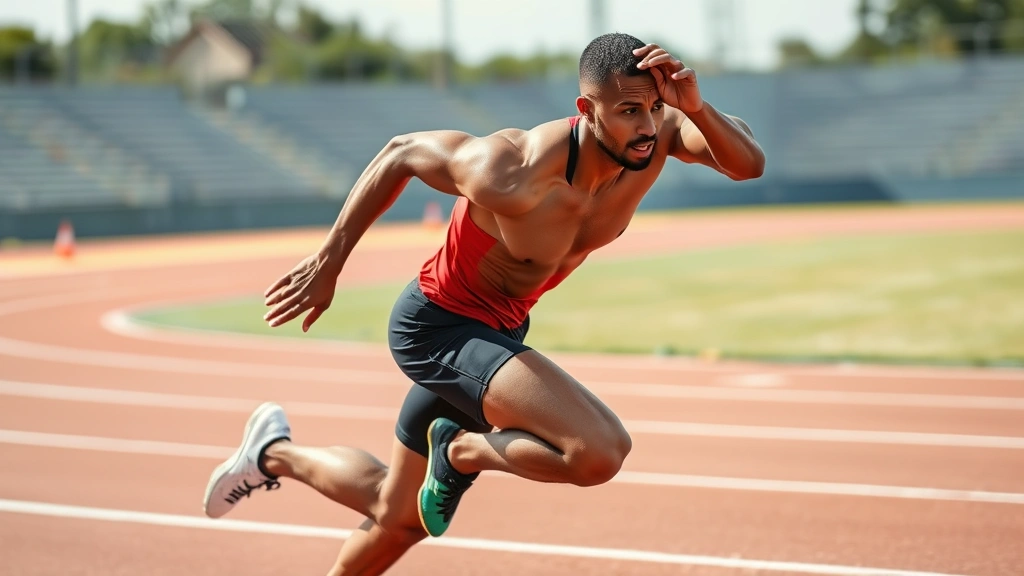 Professional athlete sprinting at maximum speed on outdoor track, muscular legs driving forward, sweat visible, intense athletic effort and power