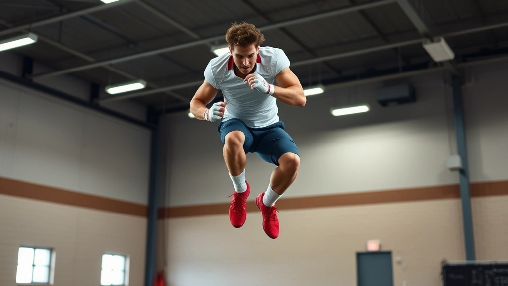College football player performing plyometric depth jump exercise in gymnasium, athletic form mid-jump, concentrated expression showing training intensity