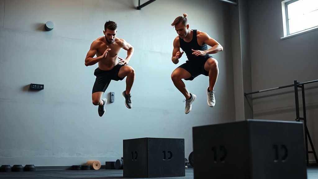 Elite athletes performing plyometric box jumps in professional training facility, dynamic explosive movement captured mid-jump showing athletic power and conditioning
