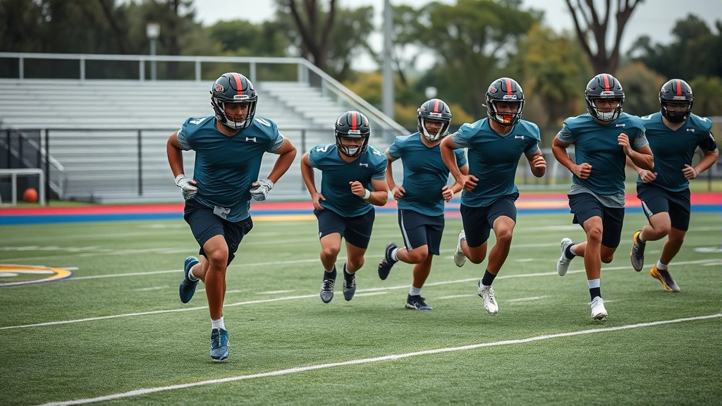 Team of football players executing sprint drills on field during conditioning session, high-intensity training with proper running mechanics and competitive intensity