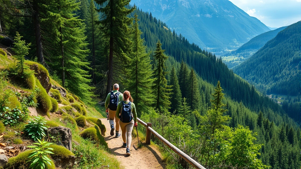 Fit couple hiking on mountain trail through lush green forest, scenic valley views, active vacation lifestyle, natural lighting