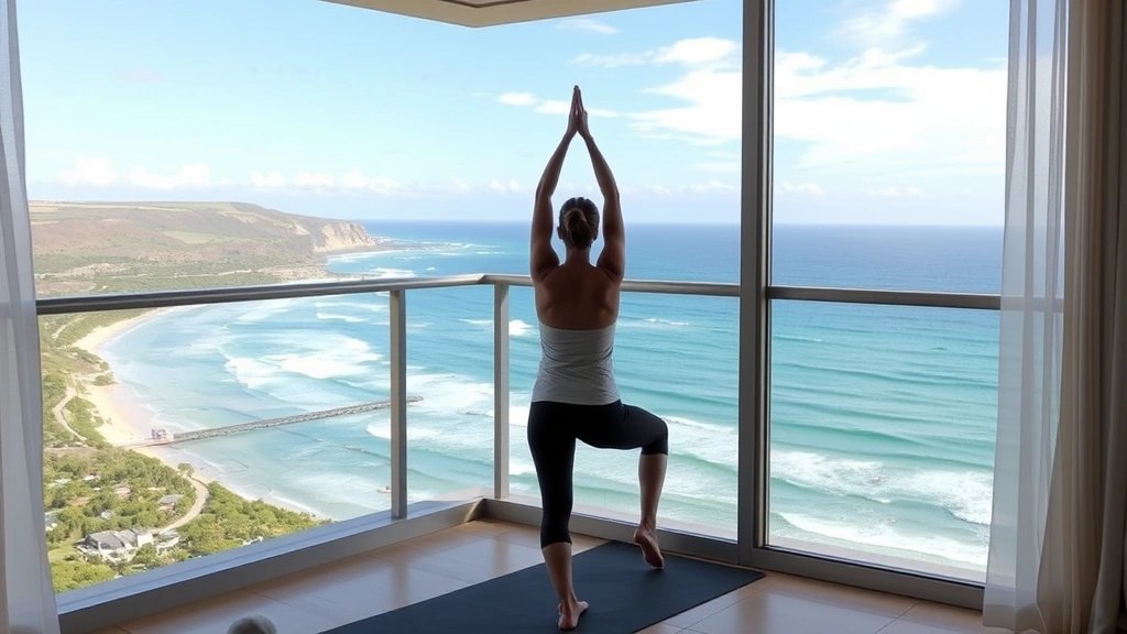 Person doing yoga or stretching on hotel room balcony overlooking coastal ocean landscape, recovery and wellness during travel vacation