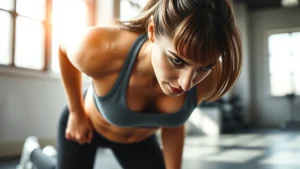 Athletic woman performing burpee exercise in bright gym with natural lighting, intense focused expression, sweat visible, professional photography