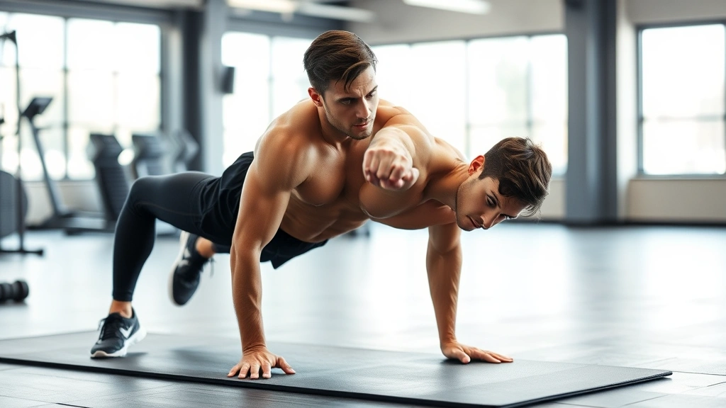 Fit male athlete doing mountain climbers on exercise mat, core engaged, dynamic movement captured mid-motion, gym background, professional fitness photography