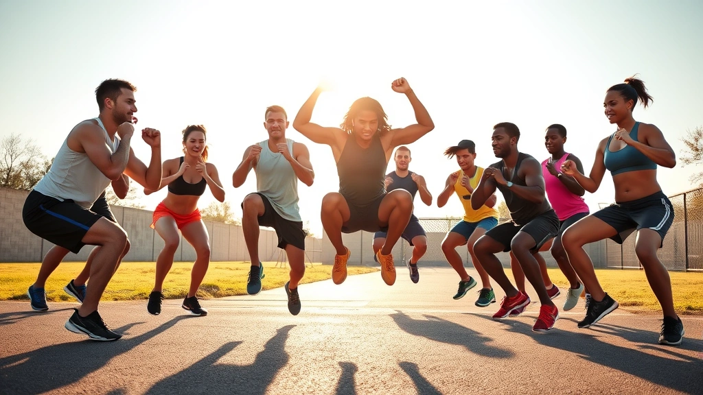 Group of diverse athletes performing jump squats outdoors in morning sunlight, explosive power movement, genuine effort expressions, motivational energy captured