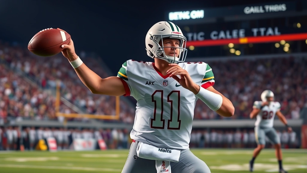College football quarterback in action during game, throwing football downfield with precision form, stadium lights in background, dynamic athletic movement, photorealistic