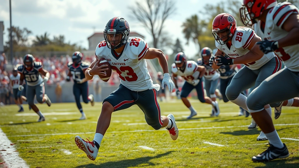 College running back accelerating through gap with determination, carrying football securely, offensive linemen blocking downfield, game-day intensity, photorealistic sports photography