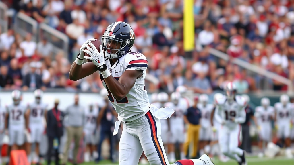 Wide receiver making athletic catch in tight coverage, demonstrating skill and focus during competitive college football game, crowd visible but blurred background, professional sports photography