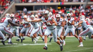 College football players executing spread offense formation in competitive game, athletes displaying explosive lateral movement and multi-directional agility, stadium environment with dynamic action positioning