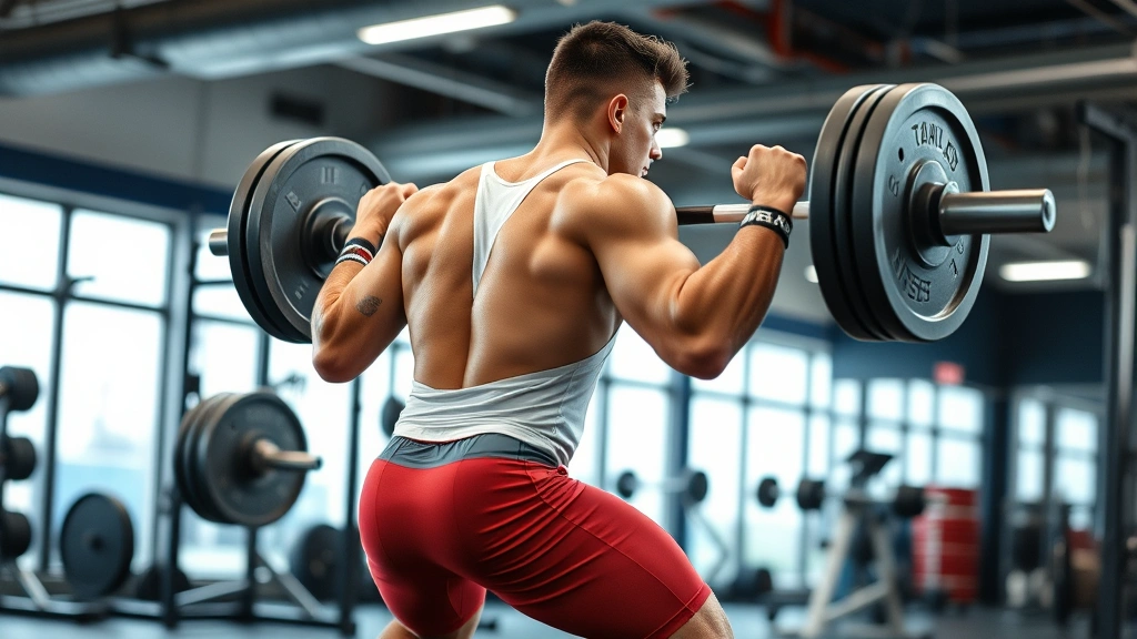 College football athlete performing heavy barbell back squat with perfect form in modern strength training facility, muscular male in athletic wear, intense concentration, professional gym setting with proper lighting