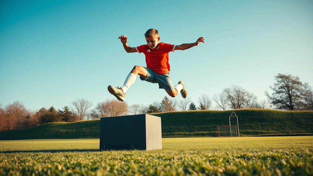 Young football player executing explosive box jump exercise outdoors on grass field, athletic dynamic movement captured mid-air, showing full body power development and lower body explosiveness