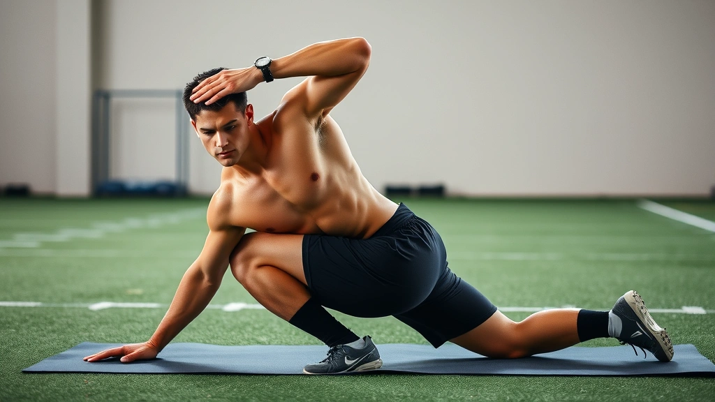 Fit college football player performing recovery stretching routine on yoga mat, deep hip mobility stretch position, peaceful training environment, demonstrating flexibility and active recovery protocols