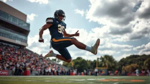 College football player performing explosive box jump with maximum vertical extension, dynamic athletic movement, outdoor field setting with stadium in background, intense focus expression