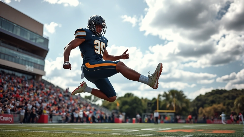 College football player performing explosive box jump with maximum vertical extension, dynamic athletic movement, outdoor field setting with stadium in background, intense focus expression