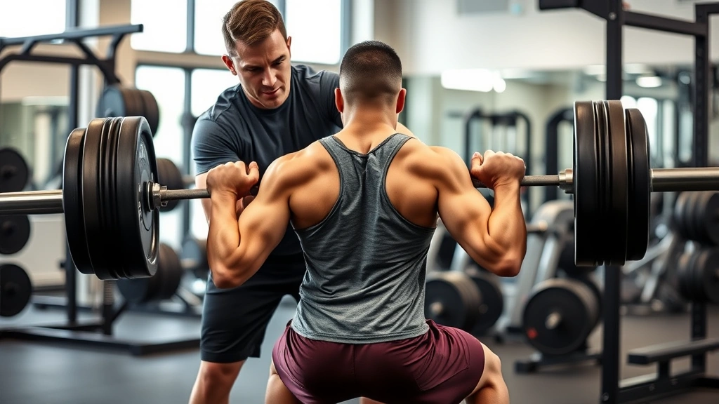 Strength coach spotting athlete during heavy barbell back squat in modern weight room, proper squat depth with parallel positioning, professional gym environment with equipment visible