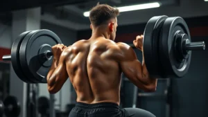 College football player performing heavy barbell back squat in professional weight room with intense concentration, sweat visible, proper form depth, athletic build, dramatic lighting