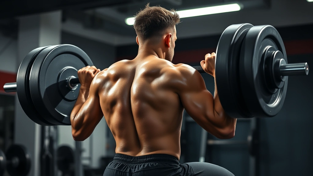 College football player performing heavy barbell back squat in professional weight room with intense concentration, sweat visible, proper form depth, athletic build, dramatic lighting