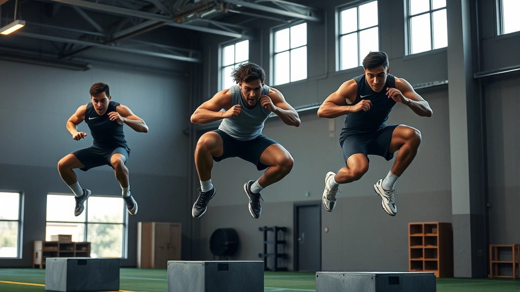 Multiple college football athletes executing explosive box jump plyometric exercise simultaneously in modern training facility, mid-jump height, powerful athletic movement, focused expressions