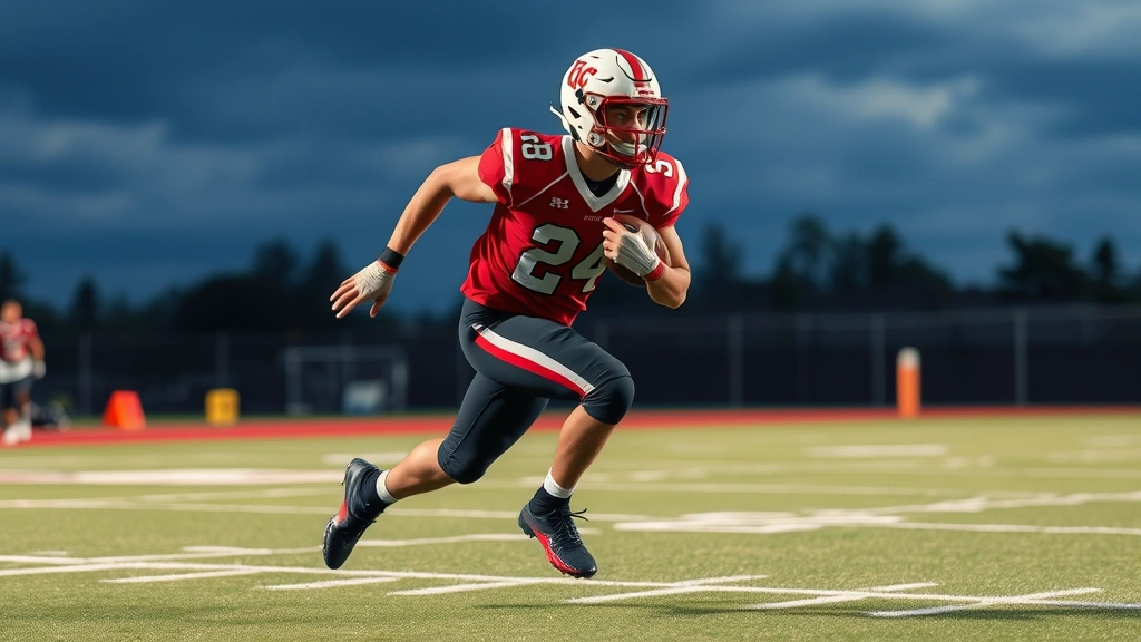 College football player sprinting at maximum velocity on athletic field with perfect acceleration mechanics, forward lean, powerful stride, athletic excellence captured mid-sprint