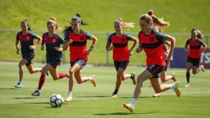 Elite female soccer players performing high-intensity interval training drills on professional grass pitch, executing explosive sprints and directional changes in bright daylight, wearing team training kits