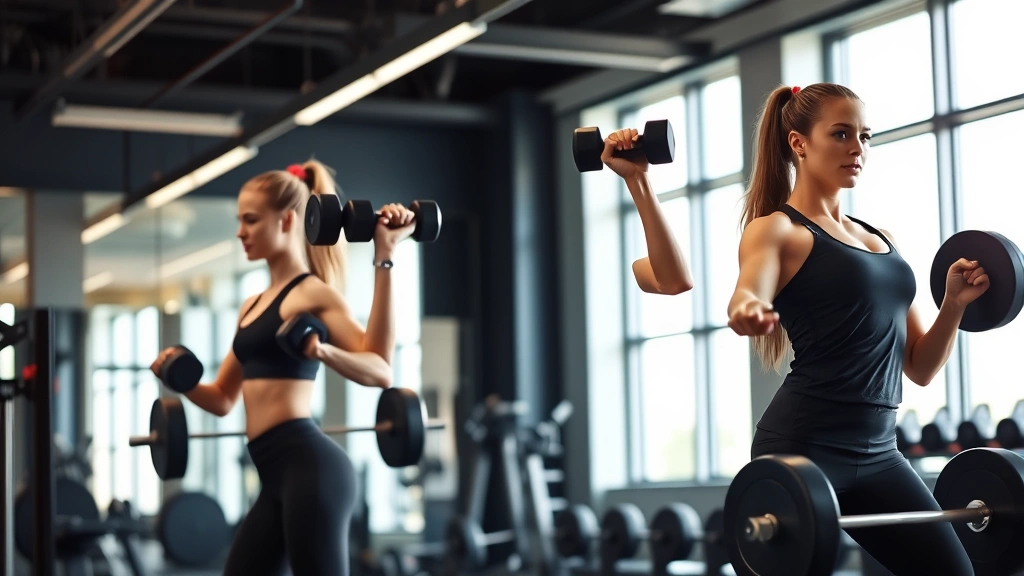 Professional female athletes conducting strength training session with barbells and dumbbells in modern gym facility, demonstrating proper lifting technique and core stability exercises