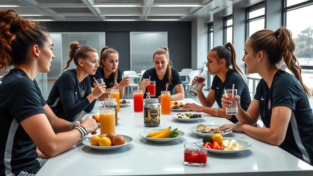 Female soccer team members sitting together in modern team dining facility, consuming sports beverages and recovery meals including fruits, proteins, and carbohydrates after training