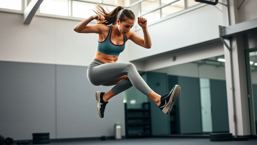Athletic female performing explosive box jump in modern gym, concentrated expression, mid-jump with powerful leg drive, natural lighting, athletic wear
