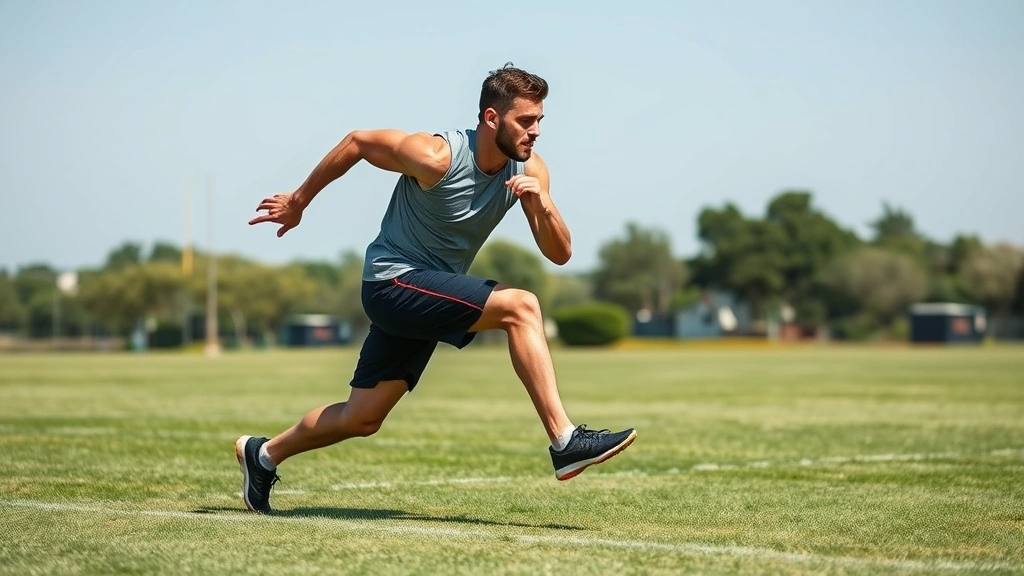 Male athlete executing bounding drill on grass field, dynamic motion capture mid-stride, explosive power demonstration, clear sky background, outdoor training setting