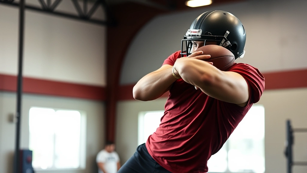 Young football player performing medicine ball rotational slam exercise, explosive core engagement, athletic facility background, dynamic movement captured mid-execution