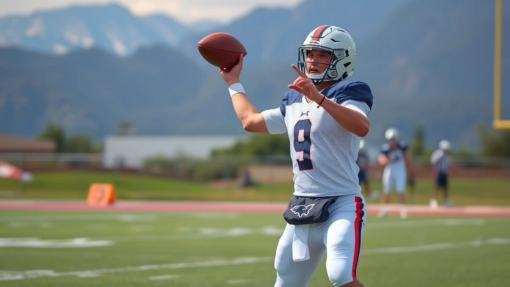 Collegiate football quarterback throwing a pass during practice, focused on mechanics and footwork, outdoor practice field with mountains in background, athletic intensity captured