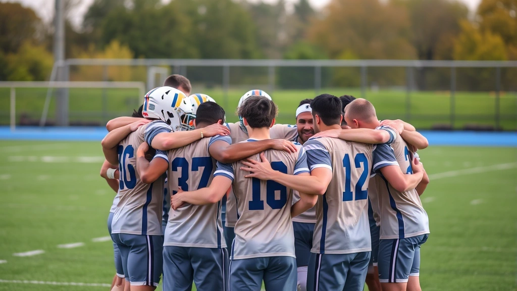 Football team huddled together in team circle showing unity and camaraderie, players with arms together celebrating, positive team culture and brotherhood displayed