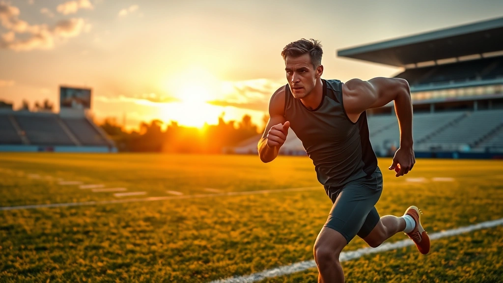 Athletic football player performing high-intensity sprint drill on grass field during sunset, sweat visible, intense focused expression, professional stadium in background, photorealistic