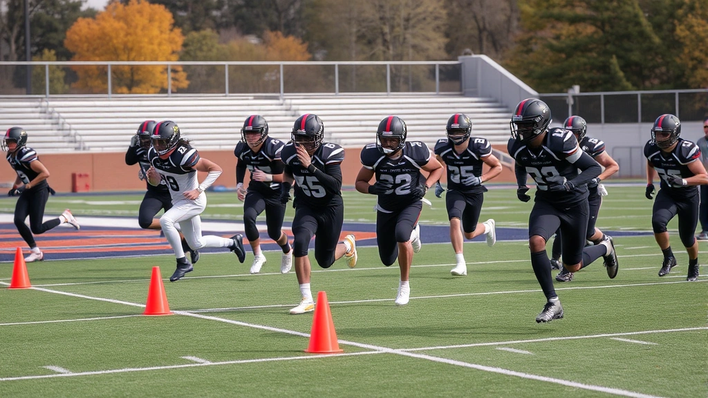 College football team performing interval training circuit with cones and markers, multiple athletes in motion sprinting between positions, autumn stadium setting, dynamic movement captured