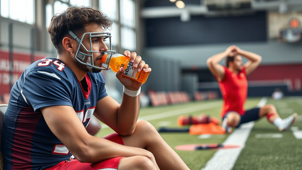 Football player in recovery phase sitting on sideline hydrating with sports drink, teammate stretching nearby, modern training facility environment, focused on nutrition and recovery practices
