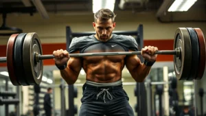College football player performing explosive power clean lift in weight room with intense focus, professional gym setting with barbells and plates visible, athletic male in training gear