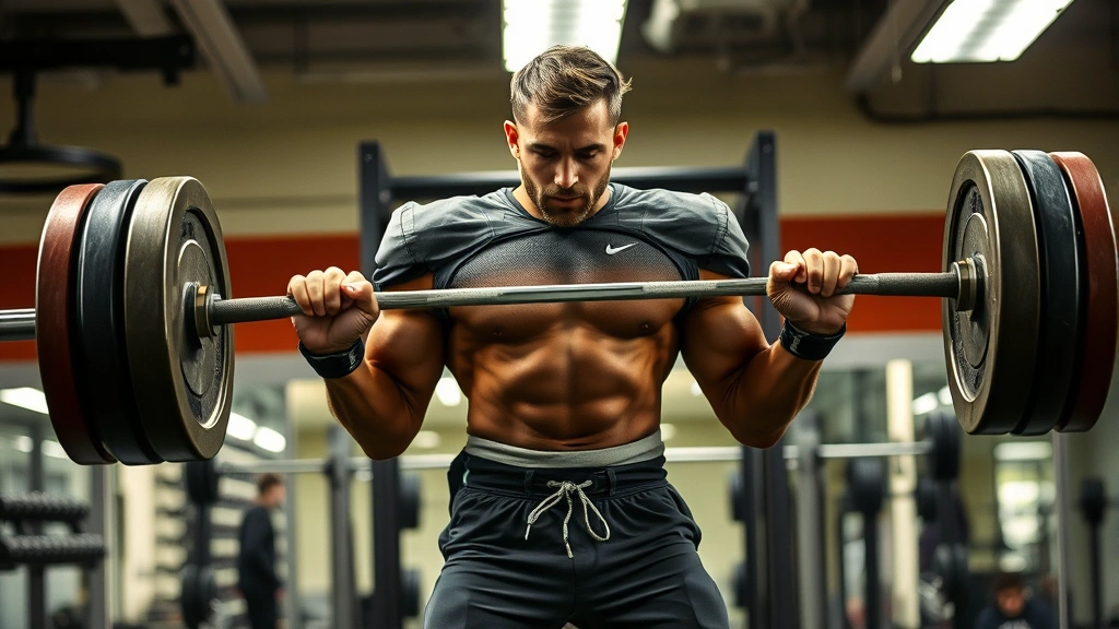College football player performing explosive power clean lift in weight room with intense focus, professional gym setting with barbells and plates visible, athletic male in training gear