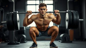 Athletic male college football player performing explosive barbell back squat in professional weight room with natural lighting, intense focused expression, proper form with knees tracking over toes