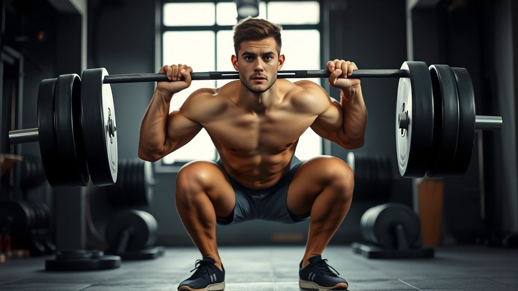 Athletic male college football player performing explosive barbell back squat in professional weight room with natural lighting, intense focused expression, proper form with knees tracking over toes