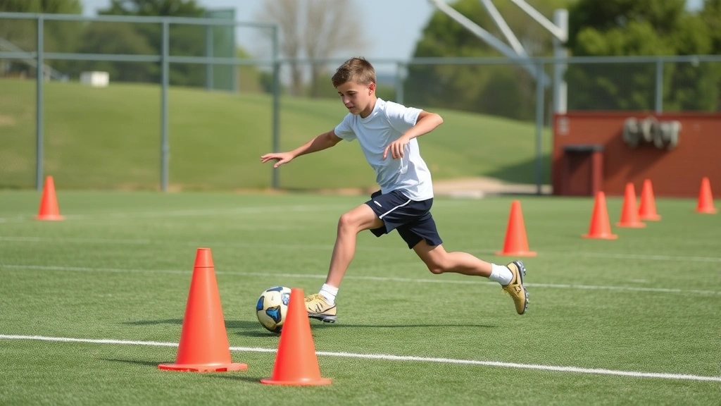 Young athlete executing lateral agility drill through cone course on football field, demonstrating cutting and directional change movement, outdoor training environment with clear athletic form