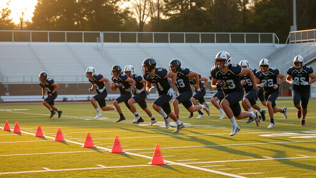 College football team performing high-intensity interval training sprint drills on outdoor field with cones, athletes at maximum effort in athletic gear, late afternoon golden hour lighting