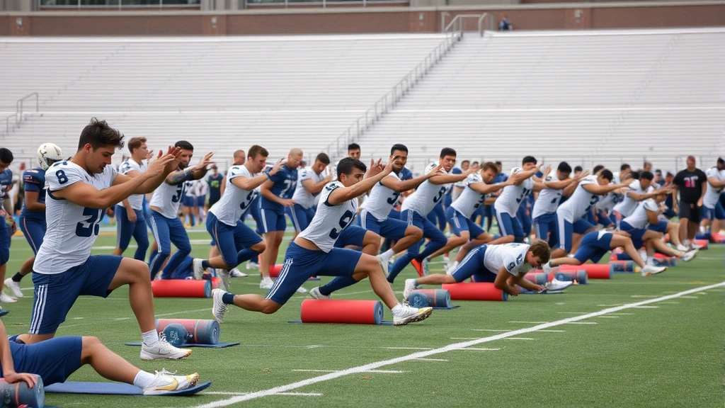 College football team stretching and performing recovery work together on field sideline, athletes using foam rollers and dynamic mobility work, team bonding and injury prevention focus