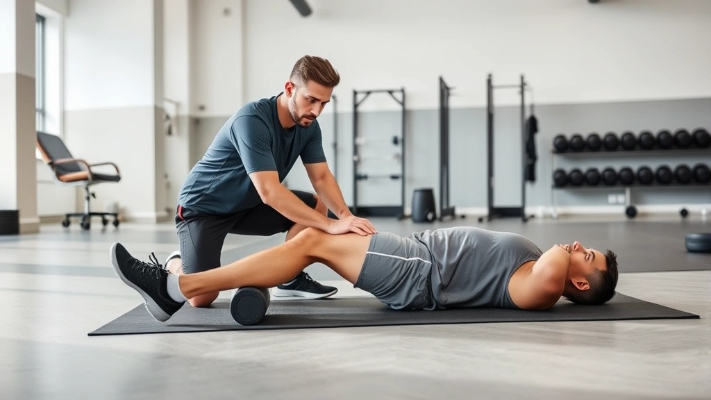 Professional recovery setup showing athlete receiving soft tissue therapy with foam roller on lower legs, stretching and mobility work in modern athletic facility with clean minimalist aesthetic