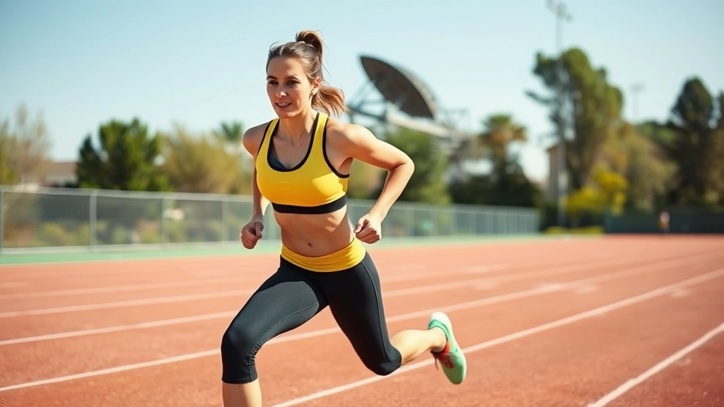 Athletic woman performing high-intensity interval training sprinting outdoors on sunny track, intense focused expression, dynamic motion, natural lighting