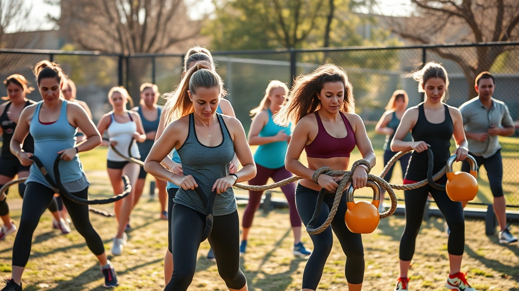 Diverse group of people doing circuit training with kettlebells and battle ropes outdoors, energetic motion, morning sunlight, athletic wear, determination visible